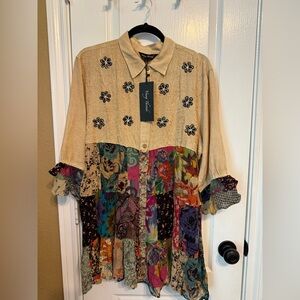 NWT Young Threads L pp 20 Floral Embroidered Patchwork Blouse Top